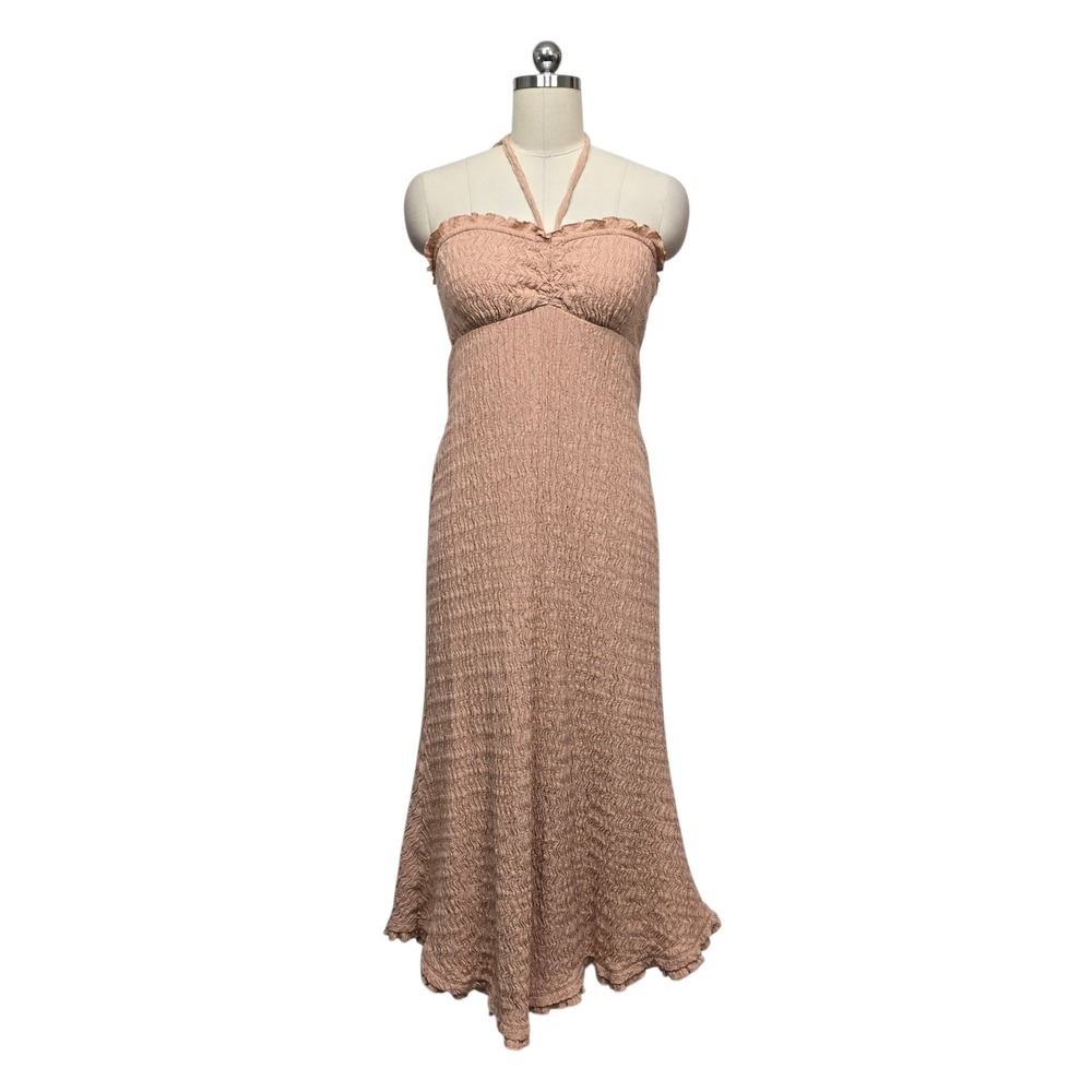 Free‎ People FP Beach Halter Midi Dress Pink Textured Popcorn Smocked Size XS